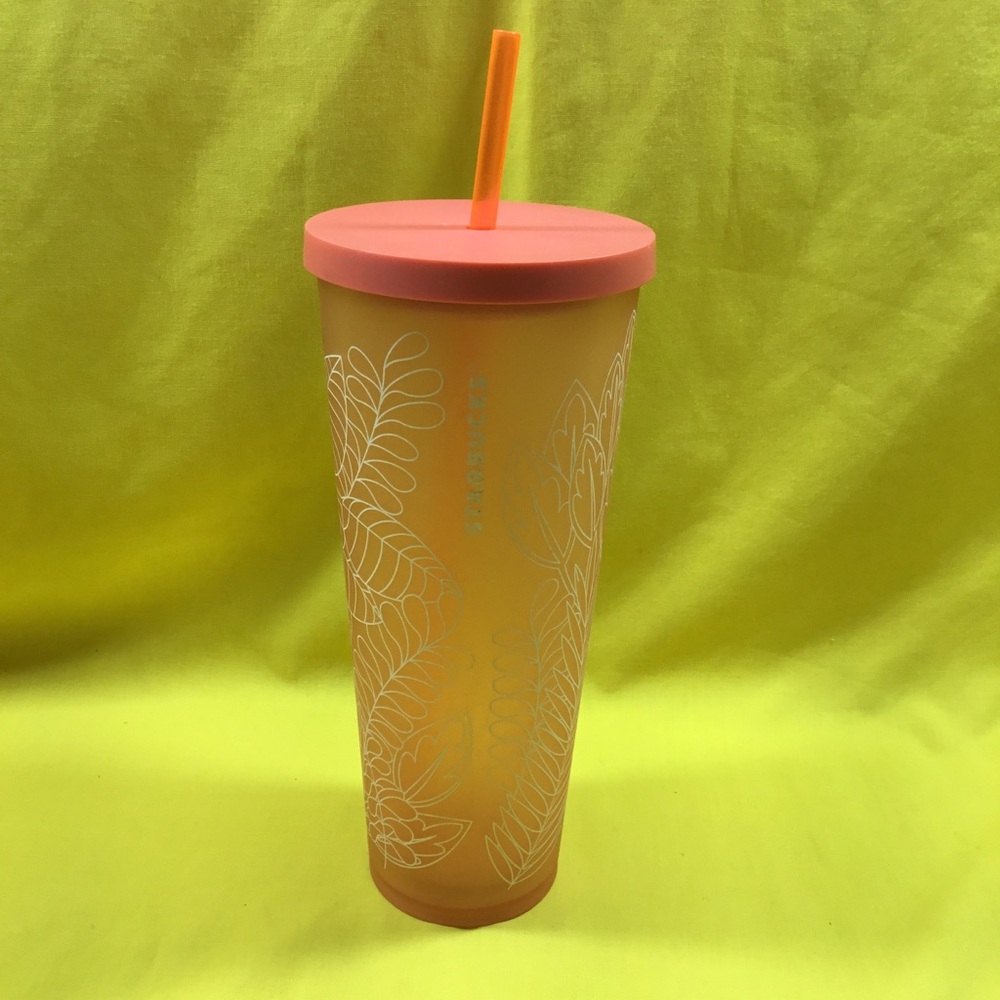 Starbucks Pink Lid Orange Tumbler with Straw 24 Ounces